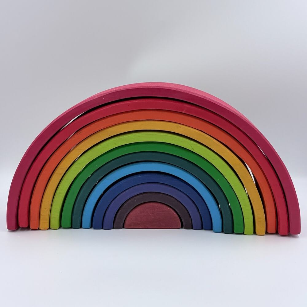 GRIMM'S Large 12 pc Wooden Multicolor Rainbow Arch Stacking & Nesting Toy Set
